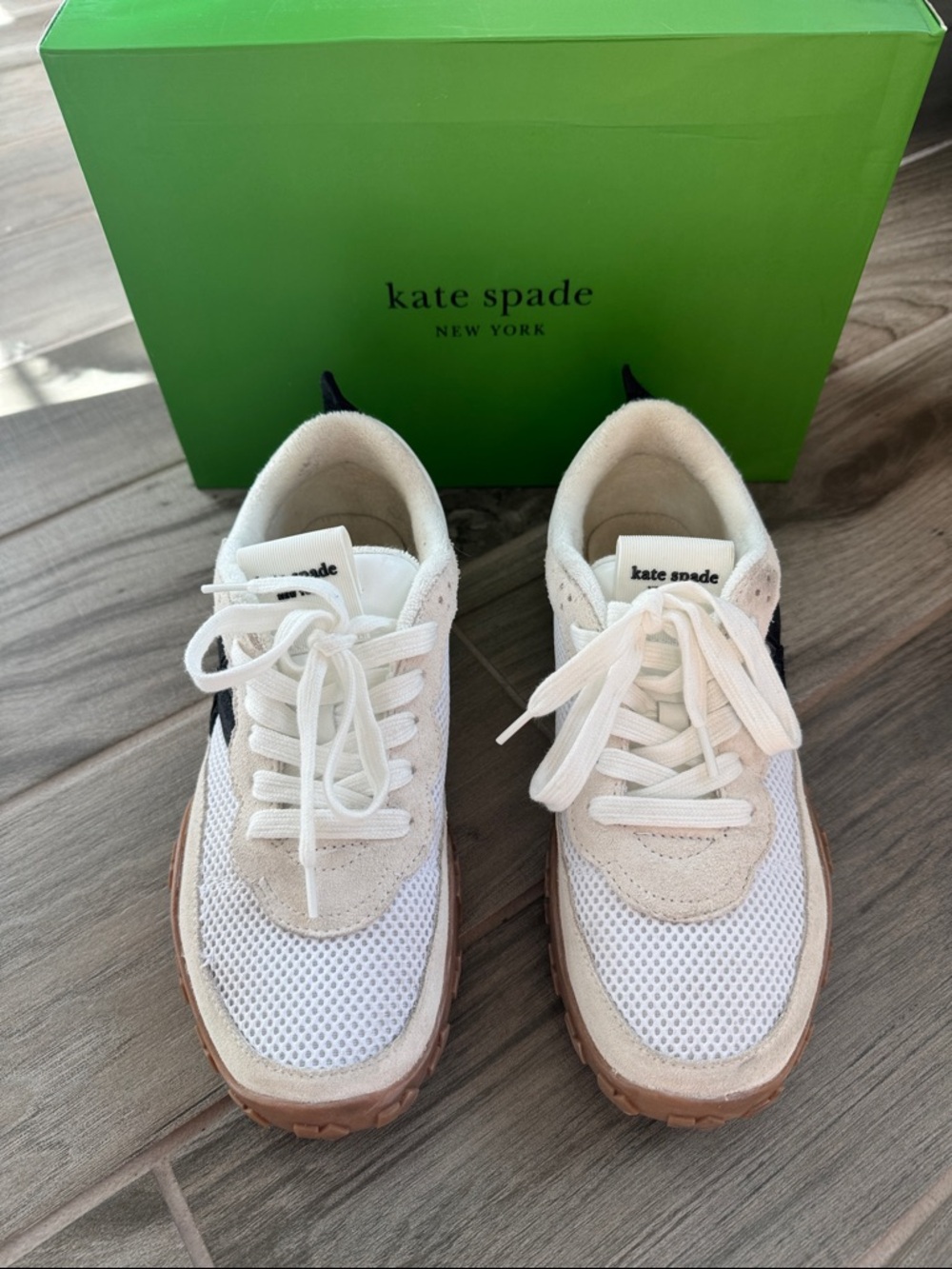 kate spade White Mesh Sneakers with Black Logo and Tan Sole - Picture 5 of 6